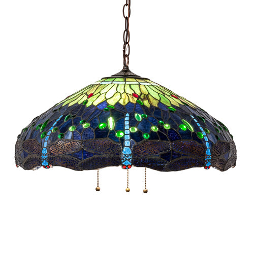 Meyda Lighting Tiffany Hanginghead Dragonfly 22" 3-Light Mahogany Bronze Pendant Light With Green & Blue Stained Shade Glass