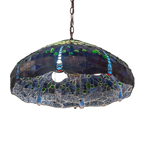 Meyda Lighting Tiffany Hanginghead Dragonfly 22" 3-Light Mahogany Bronze Pendant Light With Green & Blue Stained Shade Glass