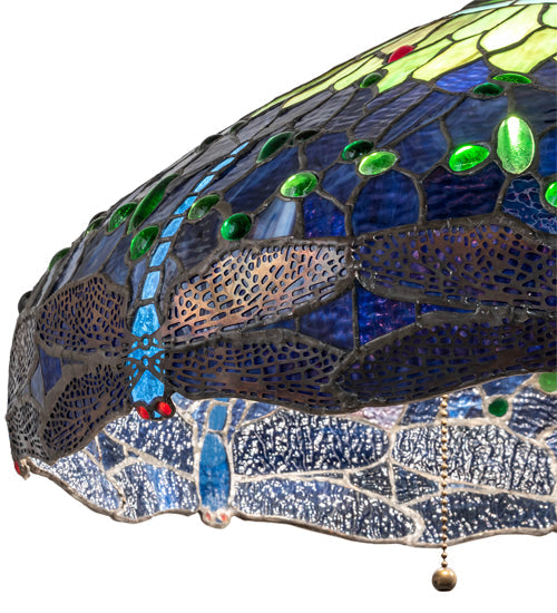 Meyda Lighting Tiffany Hanginghead Dragonfly 22" 3-Light Mahogany Bronze Pendant Light With Green & Blue Stained Shade Glass