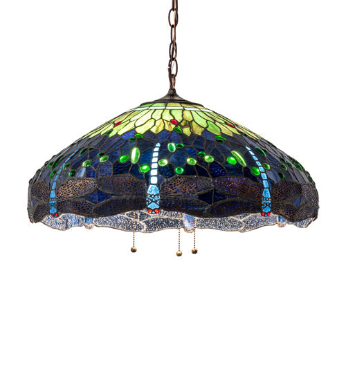 Meyda Lighting Tiffany Hanginghead Dragonfly 22" 3-Light Mahogany Bronze Pendant Light With Green & Blue Stained Shade Glass