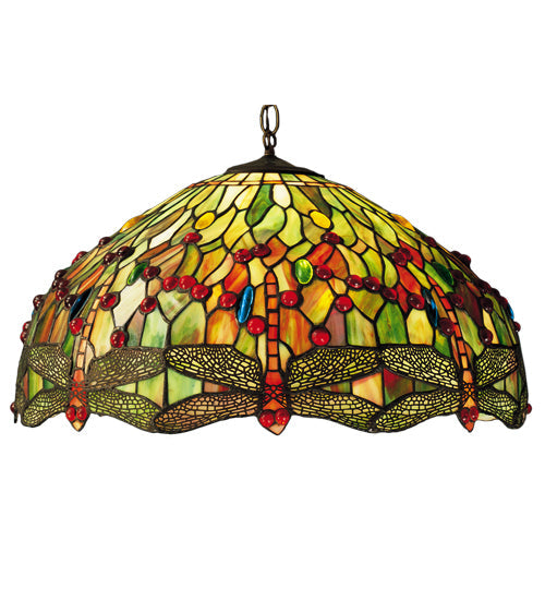 Meyda Lighting Tiffany Hanginghead Dragonfly 22" 3-Light Mahogany Bronze Pendant Light With Multi-Colored Shade Glass