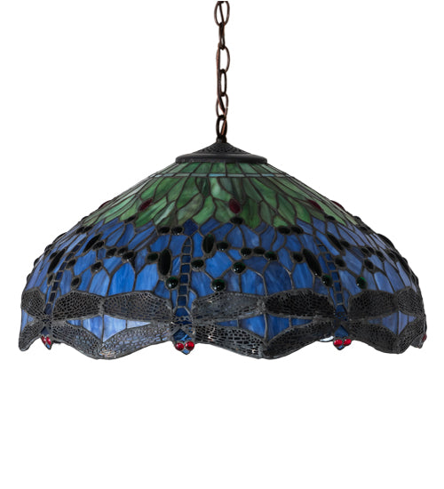 Meyda Lighting Tiffany Hanginghead Dragonfly 22" 3-Light Mahogany Bronze Pendant Light With Multi-Colored Stained Shade Glass