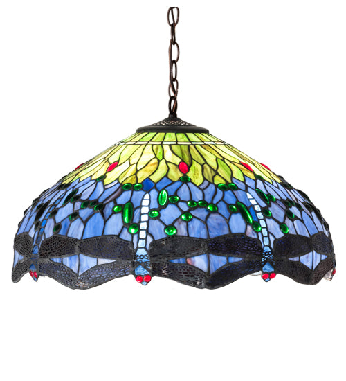Meyda Lighting Tiffany Hanginghead Dragonfly 22" 3-Light Mahogany Bronze Pendant Light With Multi-Colored Stained Shade Glass