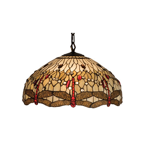 Meyda Lighting Tiffany Hanginghead Dragonfly 22" 3-Light Mahogany Bronze Pendant Light With Ruby & Beige Shade Glass