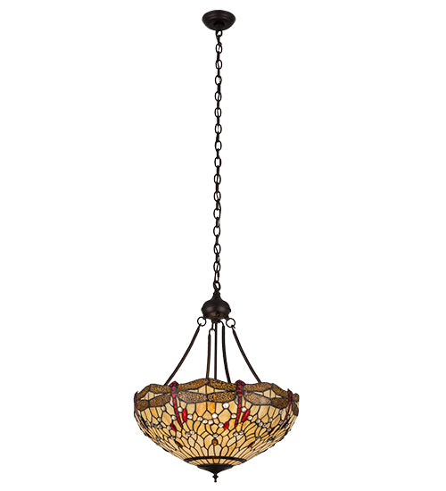 Meyda Lighting Tiffany Hanginghead Dragonfly 22" 4-Light Mahogany Bronze Inverted Pendant Light With Red & Beige Shade Glass