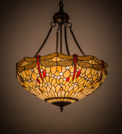 Meyda Lighting Tiffany Hanginghead Dragonfly 22" 4-Light Mahogany Bronze Inverted Pendant Light With Red & Beige Shade Glass