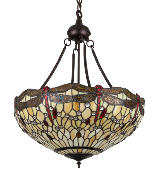 Meyda Lighting Tiffany Hanginghead Dragonfly 22" 4-Light Mahogany Bronze Inverted Pendant Light With Red & Beige Shade Glass
