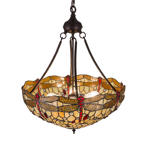 Meyda Lighting Tiffany Hanginghead Dragonfly 22" 4-Light Mahogany Bronze Inverted Pendant Light With Red & Beige Shade Glass