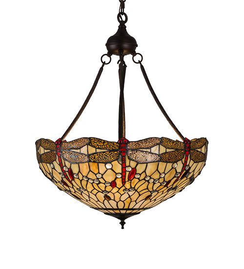Meyda Lighting Tiffany Hanginghead Dragonfly 22" 4-Light Mahogany Bronze Inverted Pendant Light With Red & Beige Shade Glass