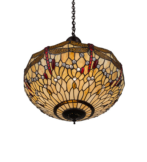 Meyda Lighting Tiffany Hanginghead Dragonfly 22" 4-Light Mahogany Bronze Inverted Pendant Light With Red & Beige Shade Glass