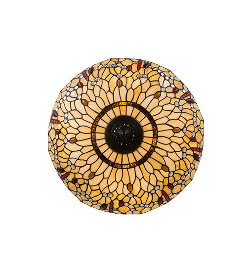 Meyda Lighting Tiffany Hanginghead Dragonfly 22" 4-Light Mahogany Bronze Inverted Pendant Light With Red & Beige Shade Glass