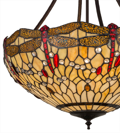 Meyda Lighting Tiffany Hanginghead Dragonfly 22" 4-Light Mahogany Bronze Inverted Pendant Light With Red & Beige Shade Glass