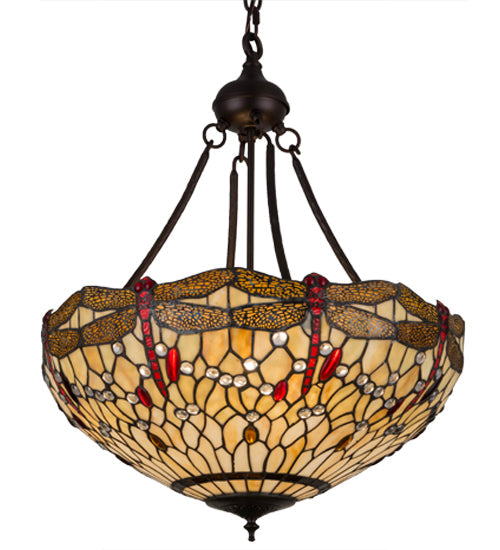 Meyda Lighting Tiffany Hanginghead Dragonfly 22" 4-Light Mahogany Bronze Inverted Pendant Light With Red & Beige Shade Glass