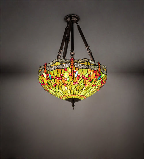 Meyda Lighting Tiffany Hanginghead Dragonfly 22" 4-Light Mahogany Bronze Semi-flush Mount Light With Multi-Colored Shade Glass