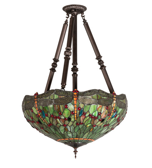 Meyda Lighting Tiffany Hanginghead Dragonfly 22" 4-Light Mahogany Bronze Semi-flush Mount Light With Multi-Colored Shade Glass