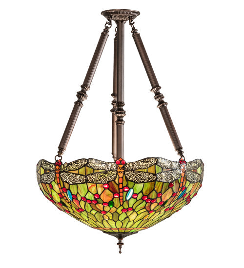 Meyda Lighting Tiffany Hanginghead Dragonfly 22" 4-Light Mahogany Bronze Semi-flush Mount Light With Multi-Colored Shade Glass