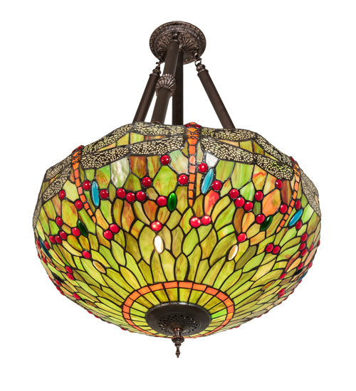 Meyda Lighting Tiffany Hanginghead Dragonfly 22" 4-Light Mahogany Bronze Semi-flush Mount Light With Multi-Colored Shade Glass