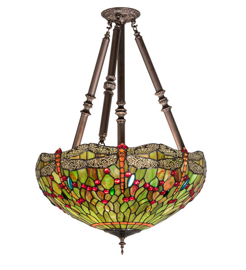 Meyda Lighting Tiffany Hanginghead Dragonfly 22" 4-Light Mahogany Bronze Semi-flush Mount Light With Multi-Colored Shade Glass