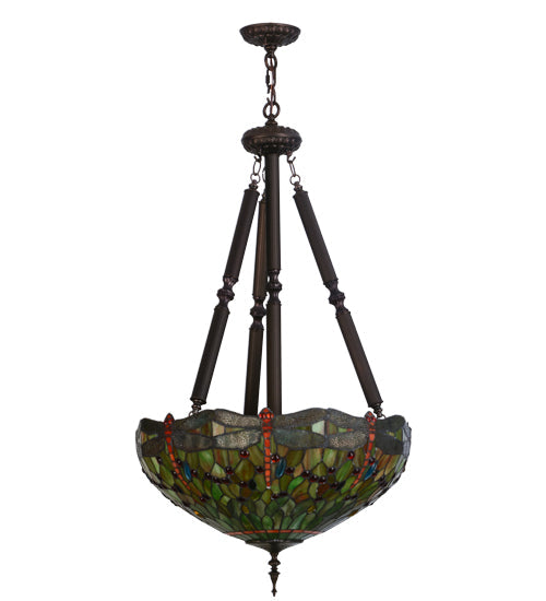 Meyda Lighting Tiffany Hanginghead Dragonfly 22" 5-Light Mahogany Bronze Inverted Pendant Light With Multi-Colored Shade Glass