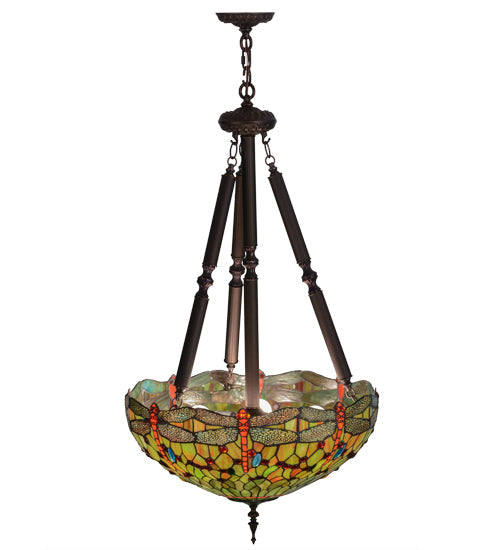 Meyda Lighting Tiffany Hanginghead Dragonfly 22" 5-Light Mahogany Bronze Inverted Pendant Light With Multi-Colored Shade Glass