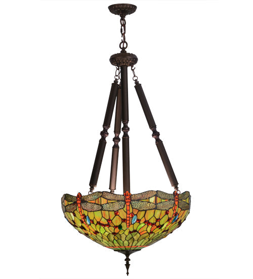 Meyda Lighting Tiffany Hanginghead Dragonfly 22" 5-Light Mahogany Bronze Inverted Pendant Light With Multi-Colored Shade Glass