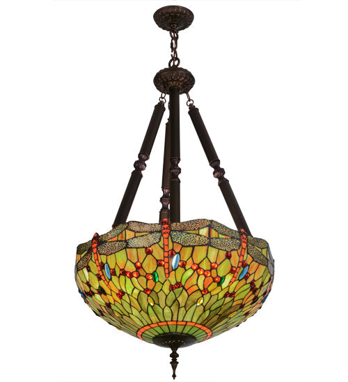Meyda Lighting Tiffany Hanginghead Dragonfly 22" 5-Light Mahogany Bronze Inverted Pendant Light With Multi-Colored Shade Glass