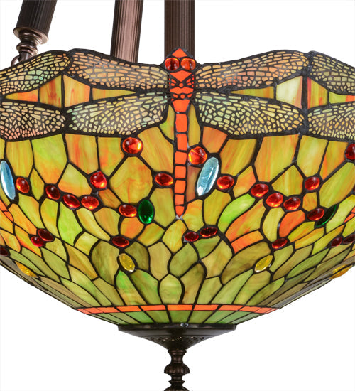 Meyda Lighting Tiffany Hanginghead Dragonfly 22" 5-Light Mahogany Bronze Inverted Pendant Light With Multi-Colored Shade Glass