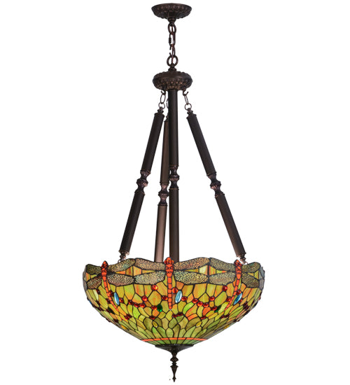 Meyda Lighting Tiffany Hanginghead Dragonfly 22" 5-Light Mahogany Bronze Inverted Pendant Light With Multi-Colored Shade Glass