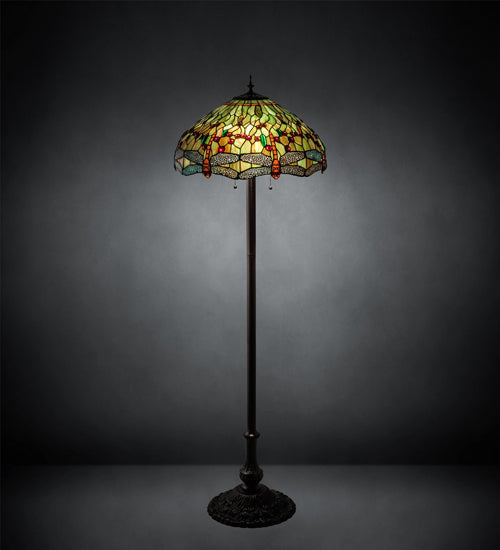 Meyda Lighting Tiffany Hanginghead Dragonfly 229131 62" 3-Light Mahogany Bronze Floor Lamp With Multi-Colored Shade Glass