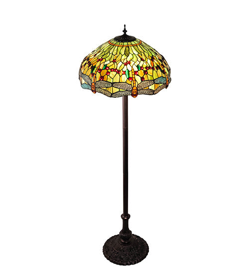 Meyda Lighting Tiffany Hanginghead Dragonfly 229131 62" 3-Light Mahogany Bronze Floor Lamp With Multi-Colored Shade Glass