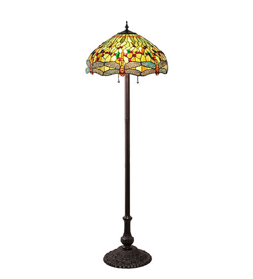 Meyda Lighting Tiffany Hanginghead Dragonfly 229131 62" 3-Light Mahogany Bronze Floor Lamp With Multi-Colored Shade Glass