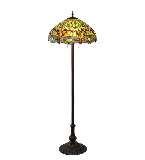 Meyda Lighting Tiffany Hanginghead Dragonfly 229131 62" 3-Light Mahogany Bronze Floor Lamp With Multi-Colored Shade Glass