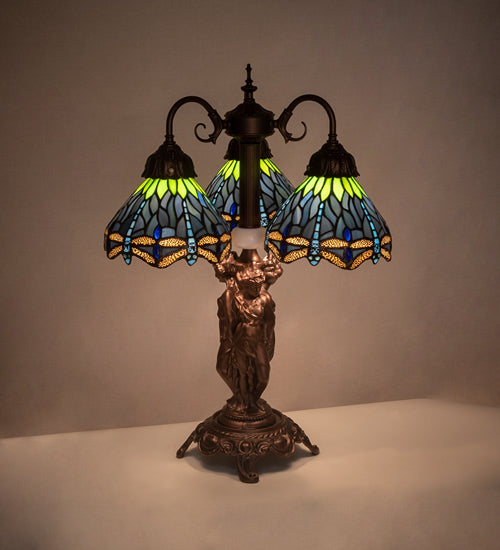 Meyda Lighting Tiffany Hanginghead Dragonfly 23" 3-Light Mahogany Bronze Table Lamp With Multi-Colored Shade Glass