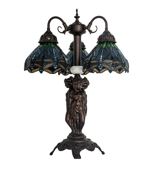 Meyda Lighting Tiffany Hanginghead Dragonfly 23" 3-Light Mahogany Bronze Table Lamp With Multi-Colored Shade Glass