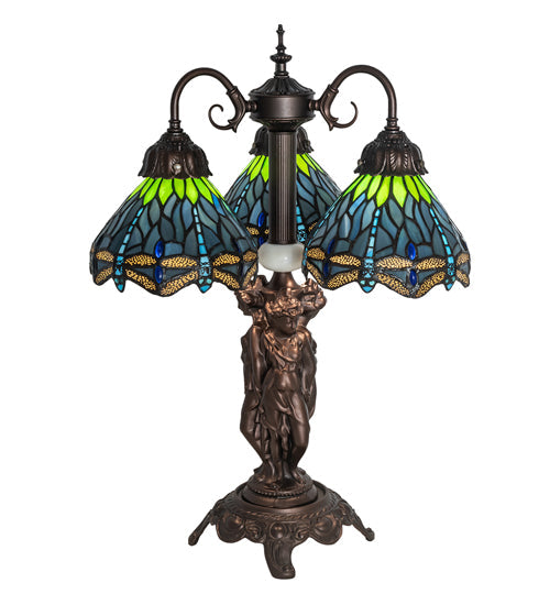 Meyda Lighting Tiffany Hanginghead Dragonfly 23" 3-Light Mahogany Bronze Table Lamp With Multi-Colored Shade Glass