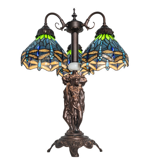 Meyda Lighting Tiffany Hanginghead Dragonfly 23" 3-Light Mahogany Bronze Table Lamp With Multi-Colored Shade Glass