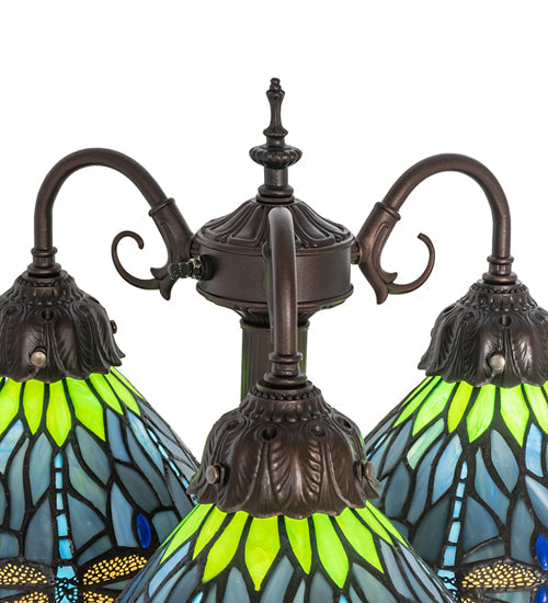 Meyda Lighting Tiffany Hanginghead Dragonfly 23" 3-Light Mahogany Bronze Table Lamp With Multi-Colored Shade Glass