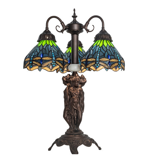 Meyda Lighting Tiffany Hanginghead Dragonfly 23" 3-Light Mahogany Bronze Table Lamp With Multi-Colored Shade Glass
