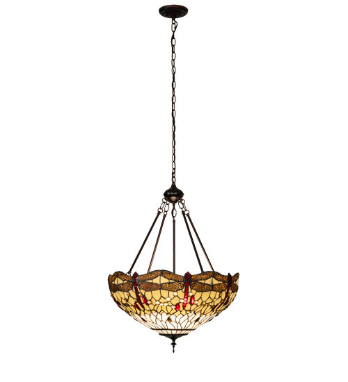 Meyda Lighting Tiffany Hanginghead Dragonfly 231114 22" 3-Light Mahogany Bronze Inverted Pendant Light With Multi-Colored Shade Glass