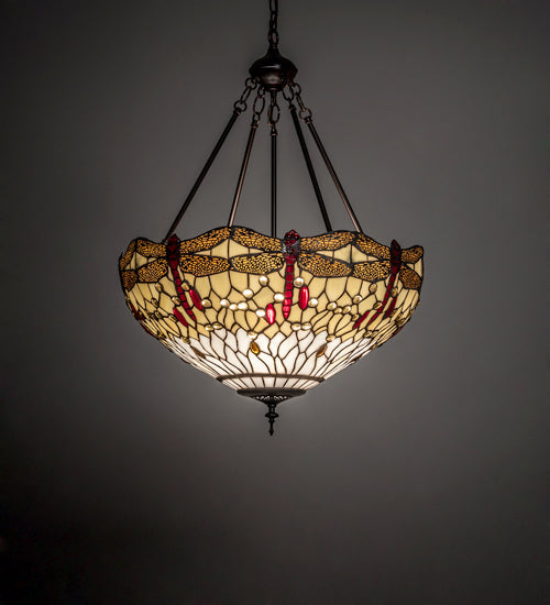Meyda Lighting Tiffany Hanginghead Dragonfly 231114 22" 3-Light Mahogany Bronze Inverted Pendant Light With Multi-Colored Shade Glass