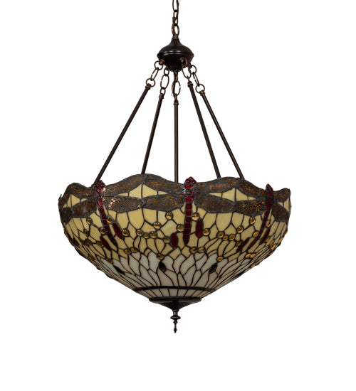 Meyda Lighting Tiffany Hanginghead Dragonfly 231114 22" 3-Light Mahogany Bronze Inverted Pendant Light With Multi-Colored Shade Glass