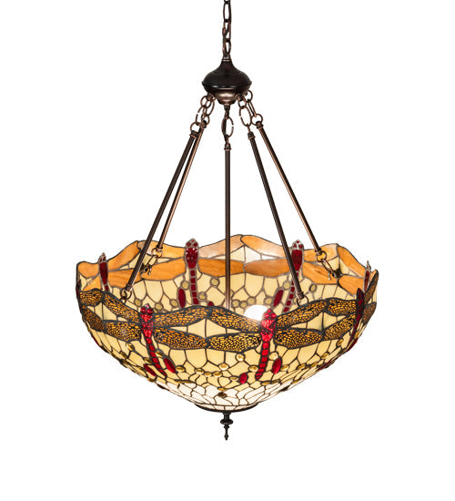 Meyda Lighting Tiffany Hanginghead Dragonfly 231114 22" 3-Light Mahogany Bronze Inverted Pendant Light With Multi-Colored Shade Glass