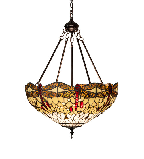 Meyda Lighting Tiffany Hanginghead Dragonfly 231114 22" 3-Light Mahogany Bronze Inverted Pendant Light With Multi-Colored Shade Glass