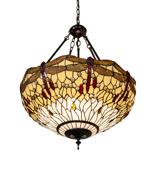 Meyda Lighting Tiffany Hanginghead Dragonfly 231114 22" 3-Light Mahogany Bronze Inverted Pendant Light With Multi-Colored Shade Glass