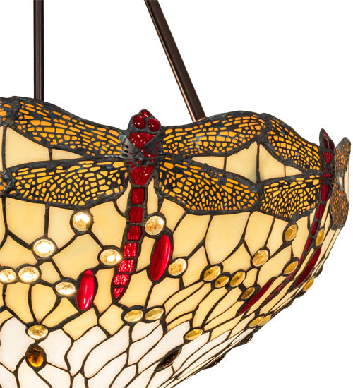 Meyda Lighting Tiffany Hanginghead Dragonfly 231114 22" 3-Light Mahogany Bronze Inverted Pendant Light With Multi-Colored Shade Glass