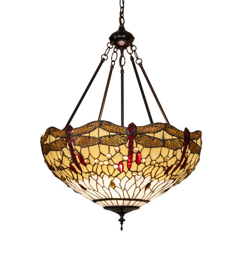 Meyda Lighting Tiffany Hanginghead Dragonfly 231114 22" 3-Light Mahogany Bronze Inverted Pendant Light With Multi-Colored Shade Glass