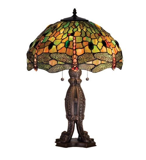 Meyda Lighting Tiffany Hanginghead Dragonfly 25" 2-Light Mahogany Bronze Table Lamp With Multi-Colored Stained Shade Glass
