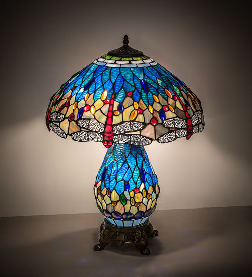 Meyda Lighting Tiffany Hanginghead Dragonfly 25" 3-Light Mahogany Bronze Table Lamp With Multi-Colored Shade Glass