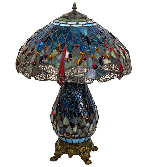 Meyda Lighting Tiffany Hanginghead Dragonfly 25" 3-Light Mahogany Bronze Table Lamp With Multi-Colored Shade Glass