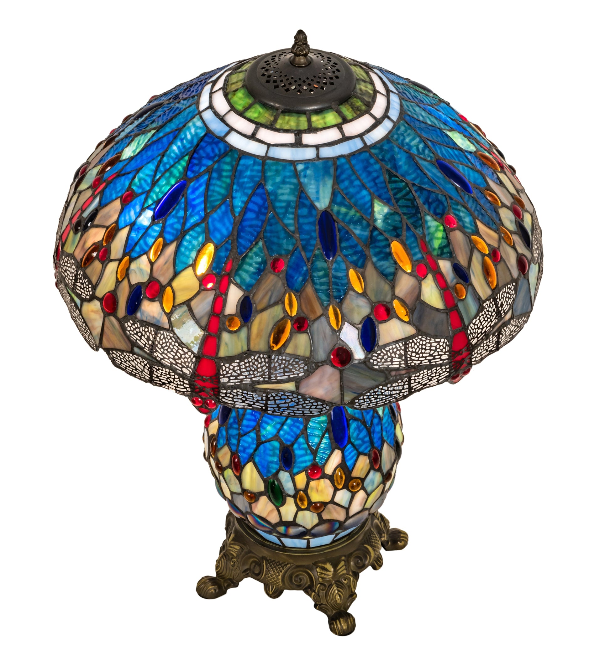 Meyda Lighting Tiffany Hanginghead Dragonfly 25" 3-Light Mahogany Bronze Table Lamp With Multi-Colored Shade Glass